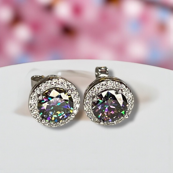 Mystic Moissanite Earrings Handcrafted in Halo Settings in Sterling Silver - Picture 5 of 8